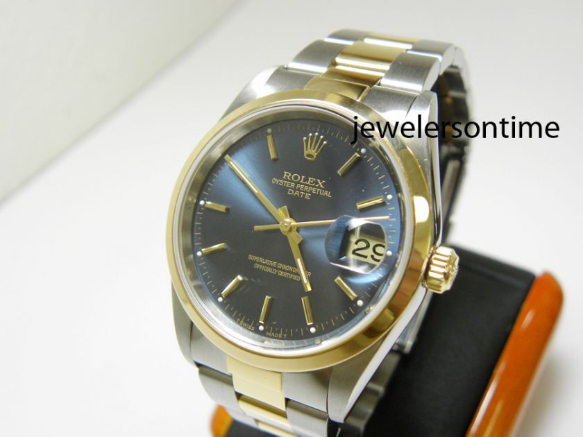 Rolex Mens 18K/SS Datejust Date 34mm Blue Stick. Oyster Smooth 15203 