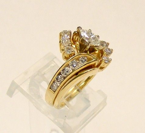   YELLOW GOLD .81cttw MARQUISE CUT DIAMOND WEDDING RING SET w ENHANCER