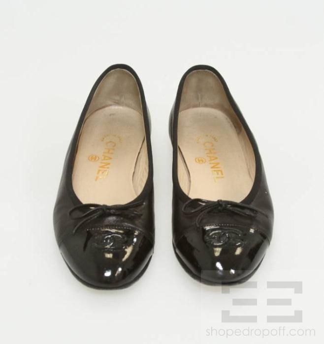 Chanel Black Leather & Patent Monogram Cap Toe Flats Size 36.5  