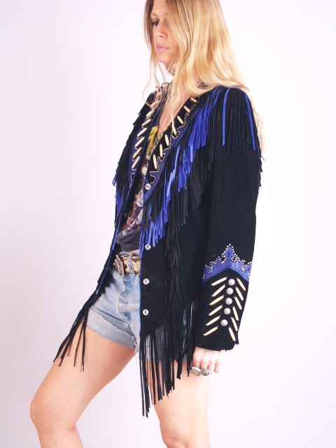   Indian BONE Southwest FRINGE Suede Concho Leather Jacket Coat  