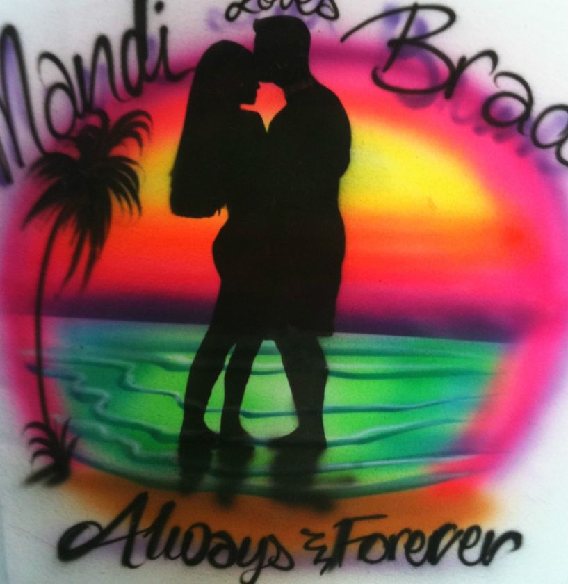 AIRBRUSH BEACH SCENE LOVERS HEART T SHIRT AIRBRUSHED  