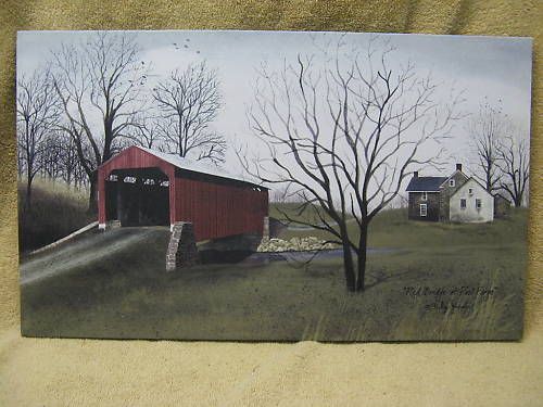 Red Bridge Canvas Wall Decor Covered Bridge Primitive  