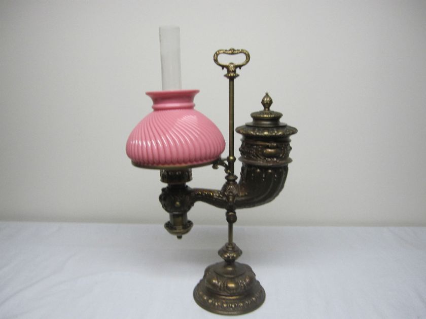 RARE CORNUCOPIA STUDENT LAMP ORIG PINK SWIRLCASED SHADE  