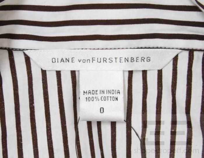 DVF Diane von Furstenberg White & Brown Cotton Striped Wrap Dress Size 