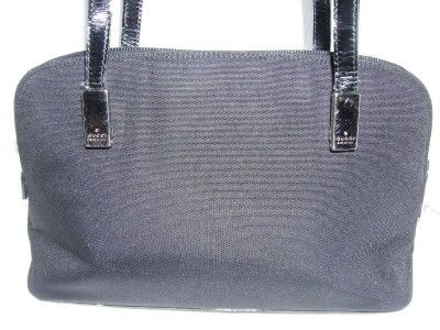 GUCCI BLACK FABRIC SHINY LEATHER TOTE BAG  