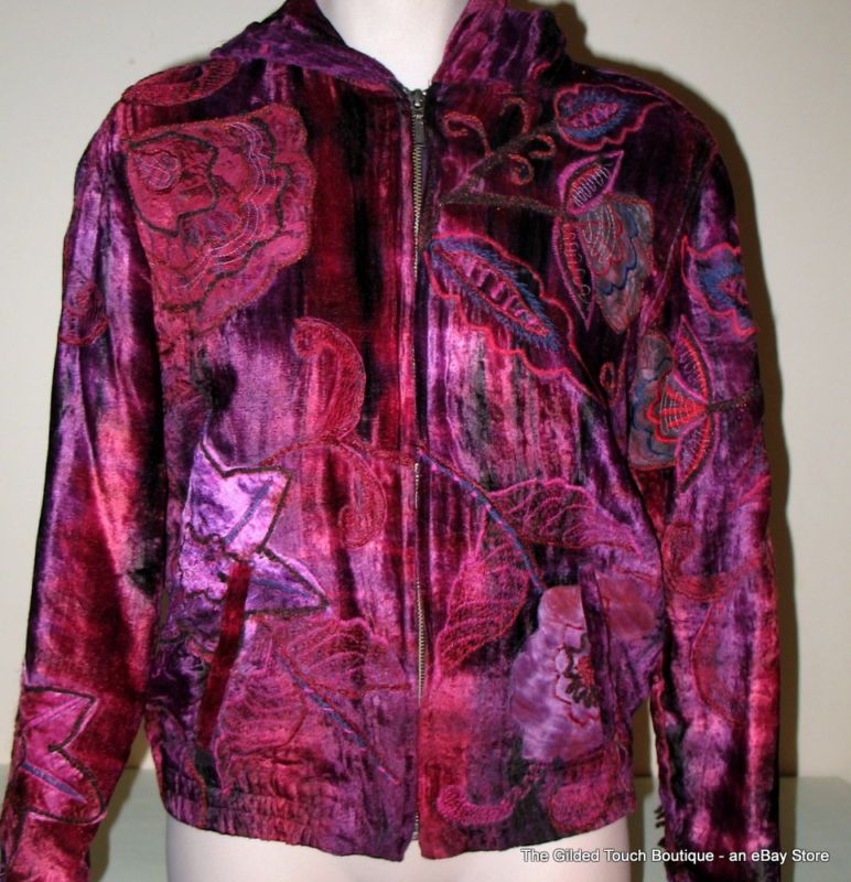 CHICOS VELVET EMBROIDERED HOODED JACKET SMALL NWOT PURPLES  