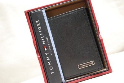 TOMMY HILFIGER MENS BLACK LEATHER TRIFOLD & VALET WALLET  