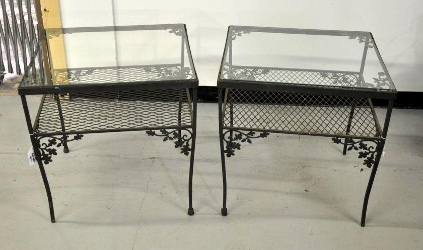 WOODARD Black Wrought Iron Orleans Glass Top End Tables Set of 2 