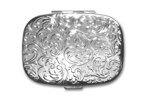 Silver Rectangular Leaves Pill Box Case with Mirror  