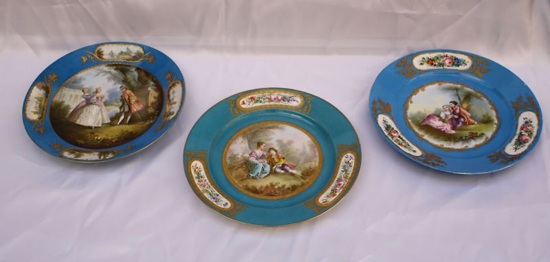 MAGNIFICENT 3P 19C FRENCH SEVRES HAND PAINTED PLATES  