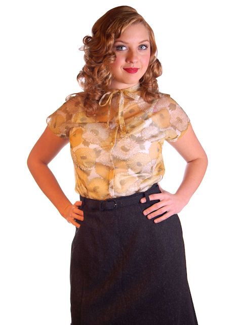 Vintage Sheer Nylon Printed Blouse Gold Floral 1950S 34  