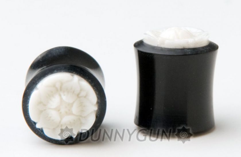 00G BONE CARVED CHERRY BLOSSOM HORN PLUG 00 gauge  