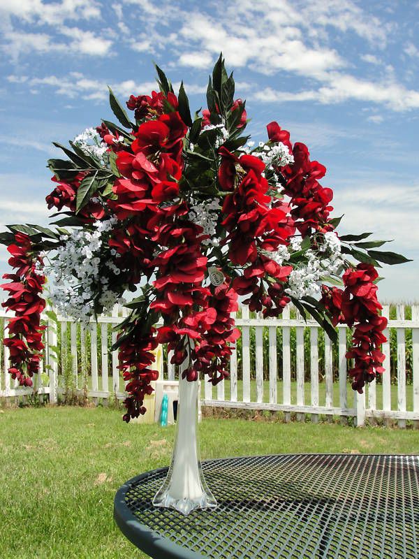 Tall White Vase Silk Flower Arrangement Red Wisteria  