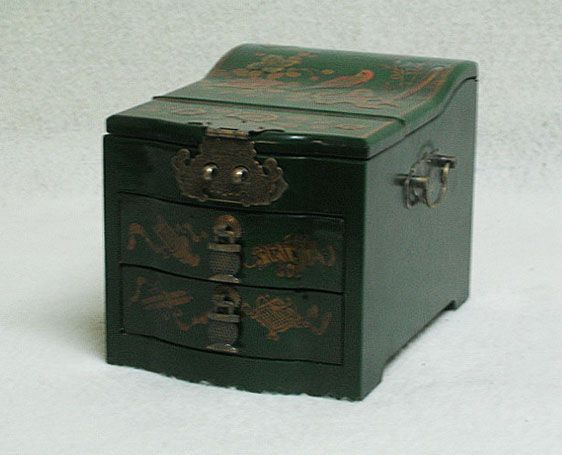 Lovely Chinese Green Painted Jewelry Box w/Drawer C57b  