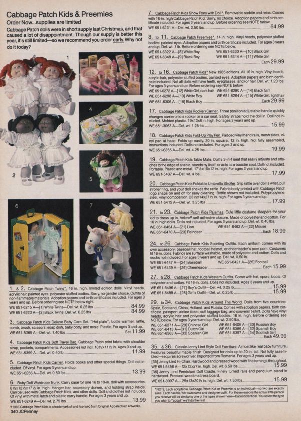 1985 CABBAGE PATCH KIDS & PREEMIE DOLLS W/ ACCESSORIES AD   2 PAGES 