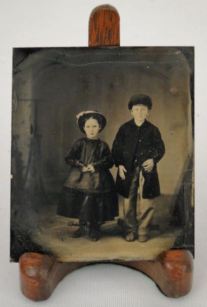   19th C. Flowers Gutta Percha Case Young Children Portrait Tintypes