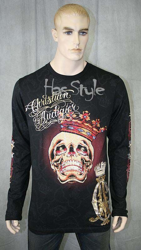 Christian Audigier Skull Crown Stones T Shirt long sleeve Black XL 