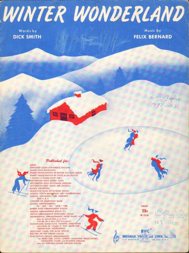   Wonderland 1953 VINTAGE Christmas Sheet Music SKATE Ski   