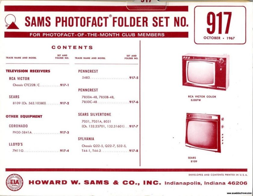 Sams Photofact Folder Set 917 TV Radio Phonograph  