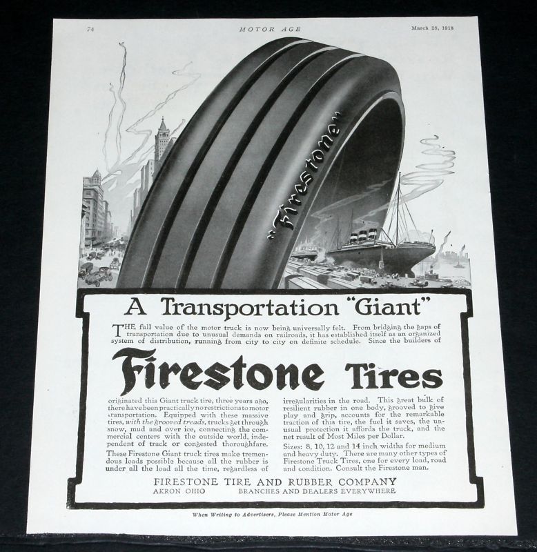   OLD WWI MAGAZINE PRINT AD, FIRESTONE, SOLID TRUCK TIRE ART  