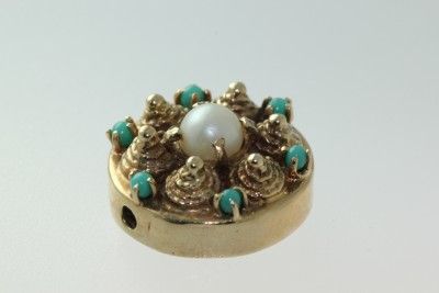   14K GOLD PEARL AND TURQUOISE CHARM BRACELET SLIDE SLIDER  