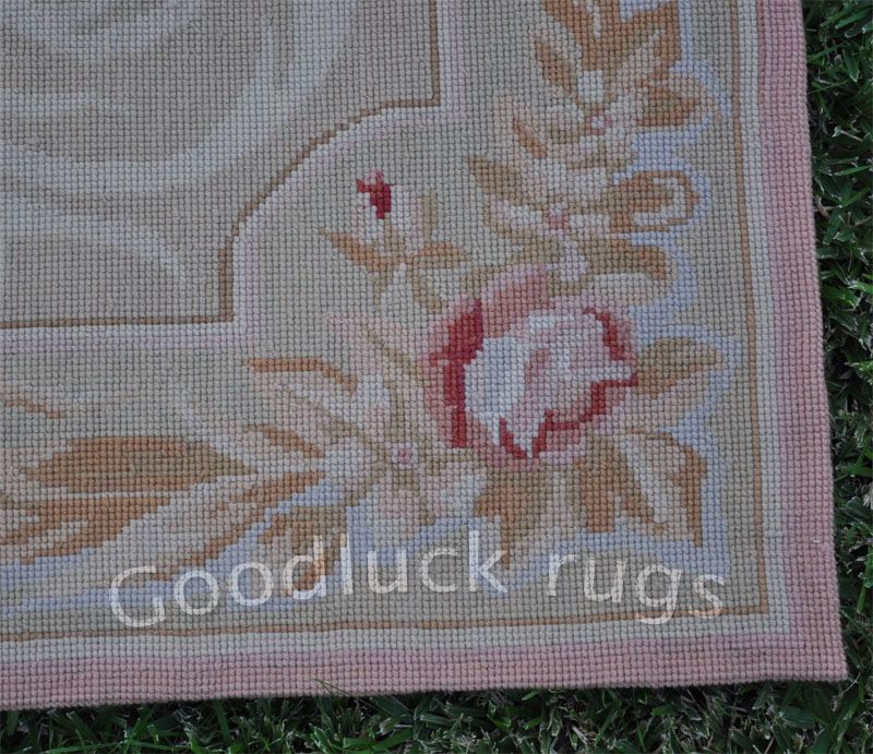   French Aubusson Floral Roses Design Wool Needlepoint Green Rug  