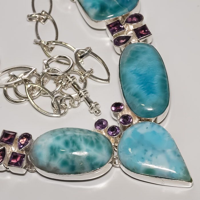 RARE  CARIBBEAN LARIMAR , AMETHYST & .925 STERLING SILVER NECKLACE 