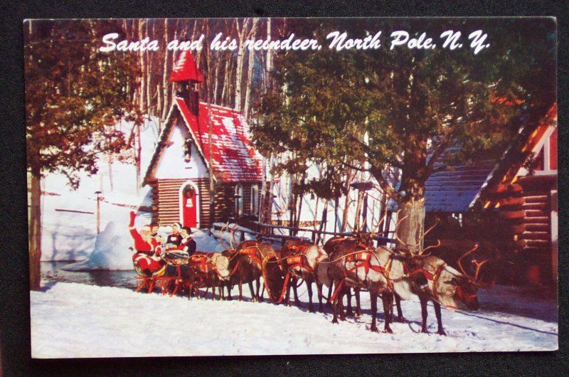 1960s? Santa and His Reindeer North Pole NY Essex Co PC  