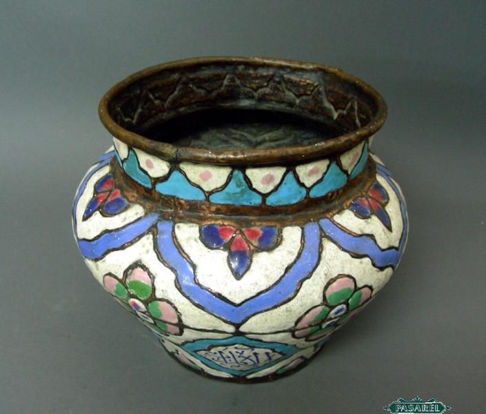 Islamic Enamel Floral Copper Container Syria Ca 1820  