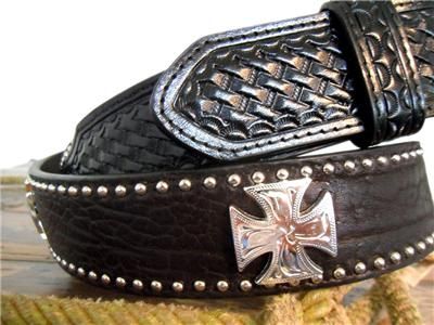 WESTERN HAND TOOLED LEATHER MENS BELT MALTESE CROSS  