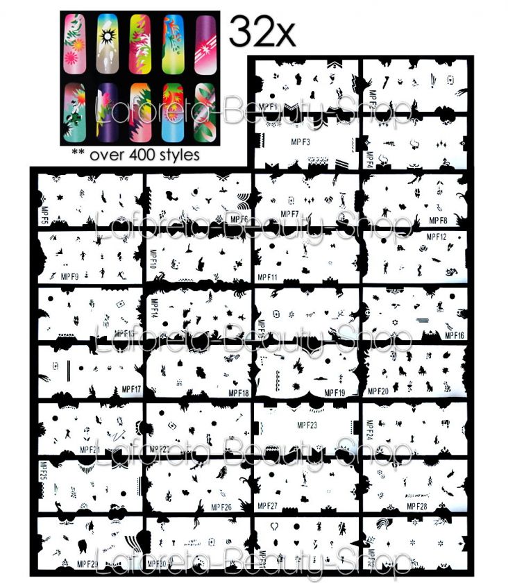 32 Sheet Full Set Airbrush Stencil Nail Art Tips Paint Over 400 Style 