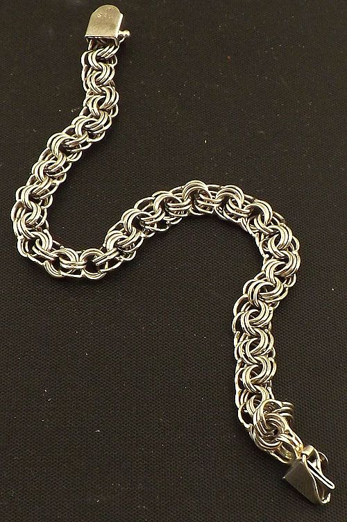 Vintage Sterling Silver 1960`s Chased Triple LINKS Charm Bracelet 