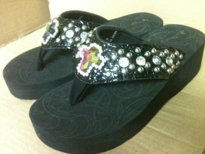 Western Irredescent Diamond Cut Cross Rhinestone Flip Flop Sandals 